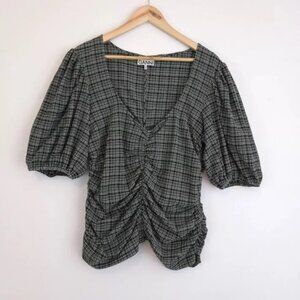 GANNI Women's Plaid V-neck Ruched Top Puff Sleeves Size L EUC